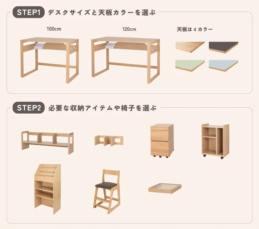 デスクサイズと収納アイテムを選ぶ様子