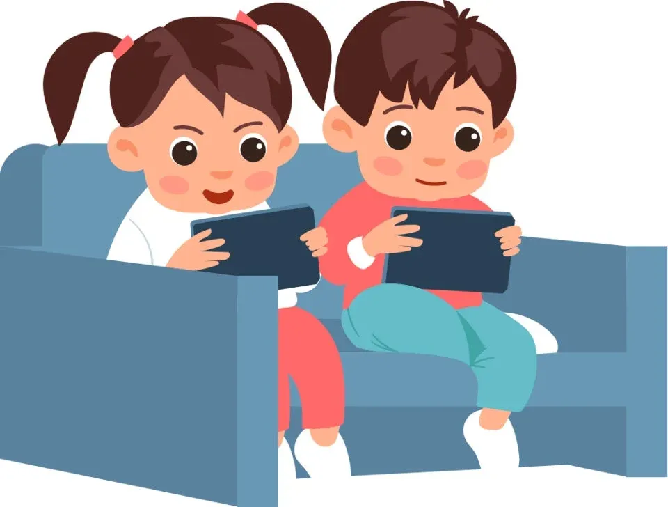 タブレットで学ぶ子供たちのイラスト