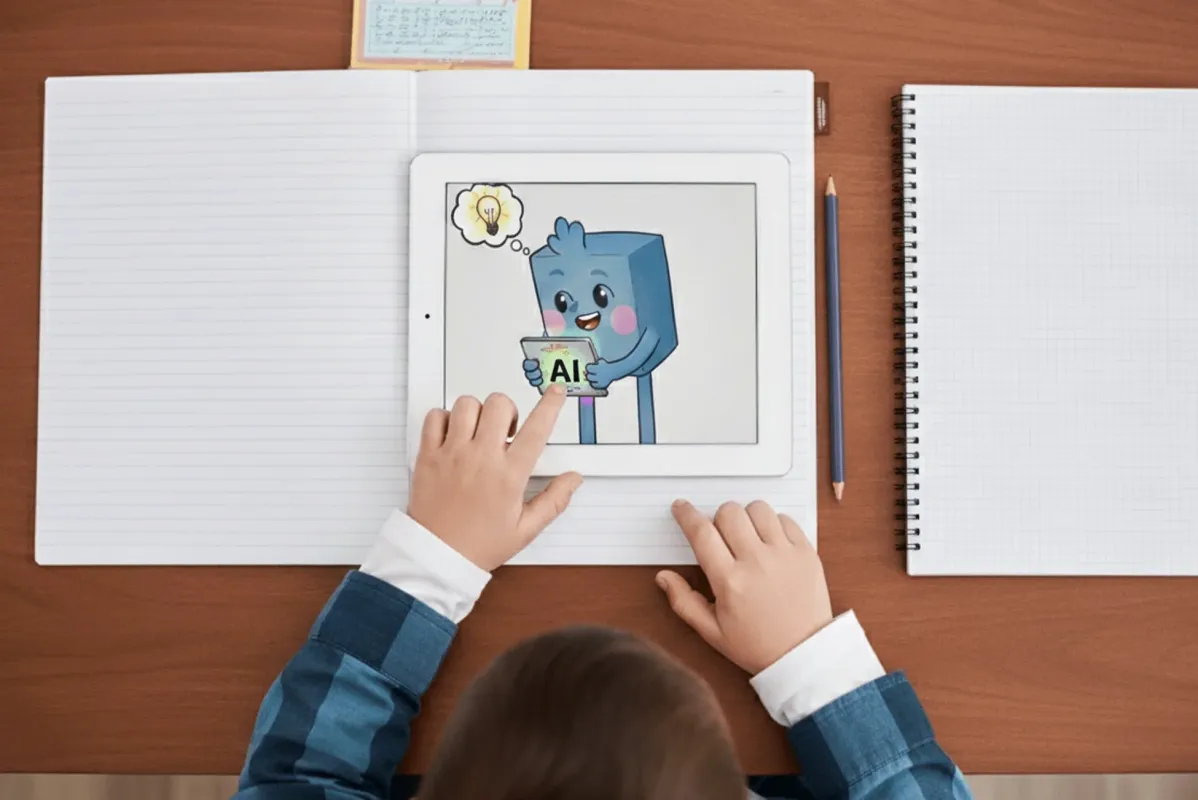 机に向かう子供がタブレットを操作し、AIのキャラクターが表示された画面を見ている様子