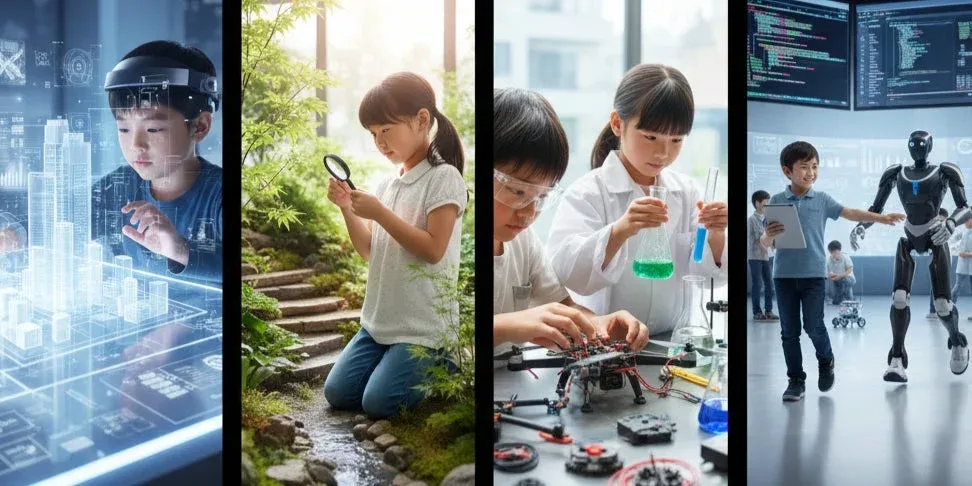 子供たちがVR/AR技術、ロボット、科学実験、自然探索など、多様な学習活動に取り組む様子