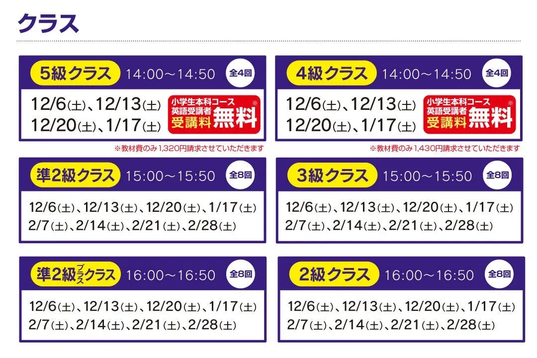 各クラスのスケジュール