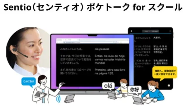 「Sentio ポケトーク for スクール」を紹介する画像です。ヘッドセットを装着した女性、教師と生徒がノートパソコンを使用している様子が描かれ、多言語での授業風景が表現されています。日本語、ポルトガル語、中国語の挨拶や、複数言語での共有機能が強調されており、語学学習や国際交流を支援する教育ツールであることが示唆されています。