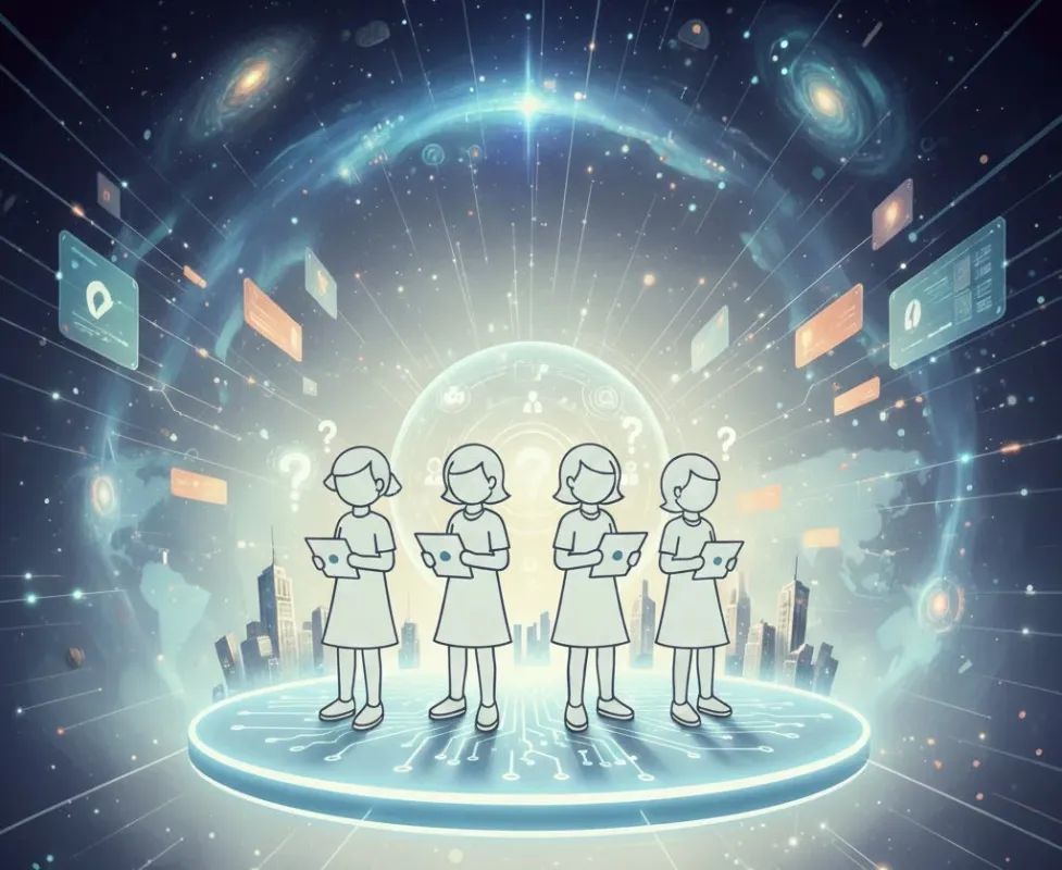 タブレットを持つ4人の人物が、情報やデータが飛び交う未来的なデジタル空間に立っているイラスト