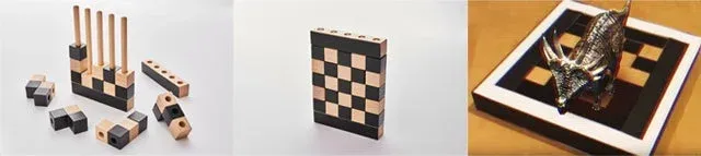 木製ブロック、市松模様のオブジェ、ARマーカー上のドラゴン
