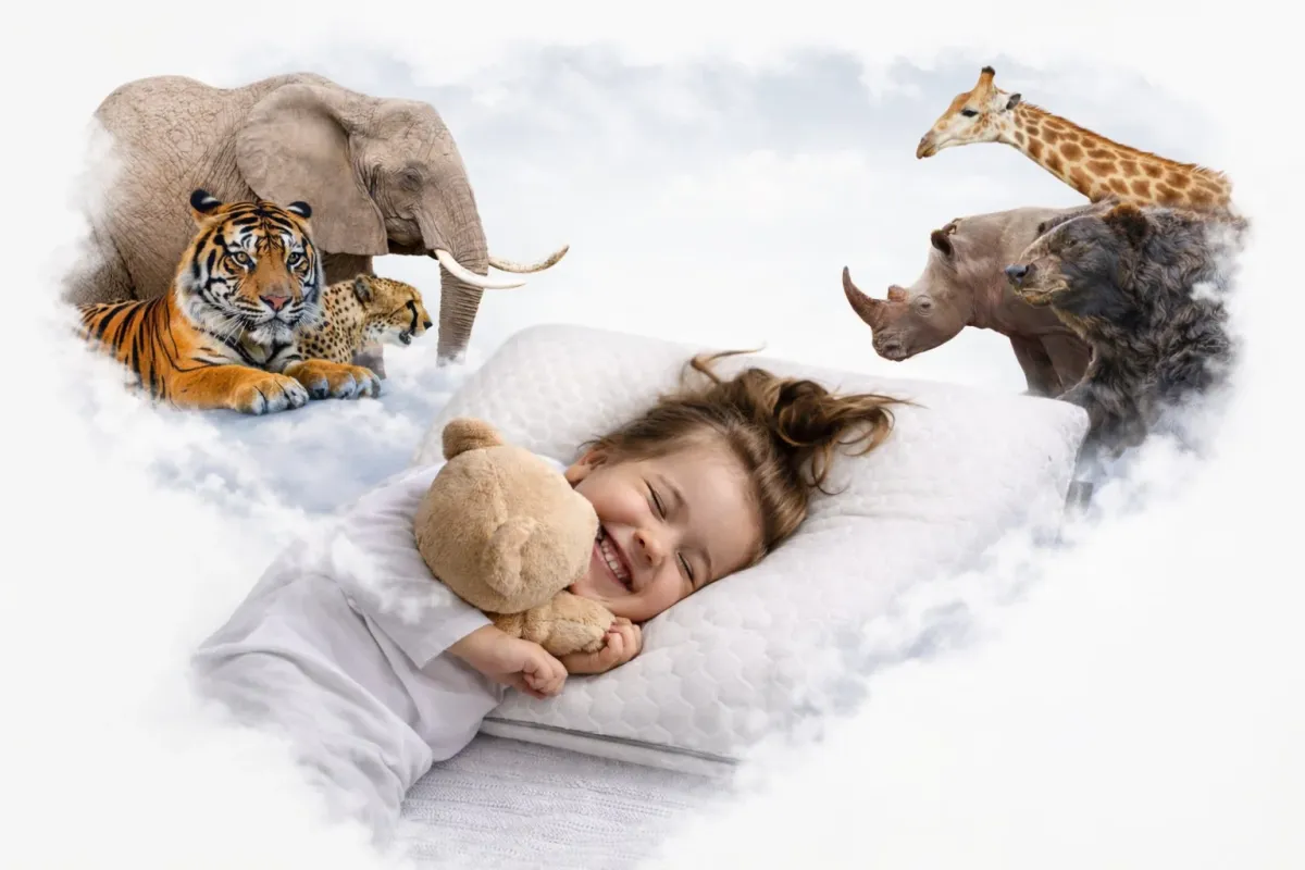 テディベアを抱いて眠る子供の周りに動物が浮かぶ夢のイメージ