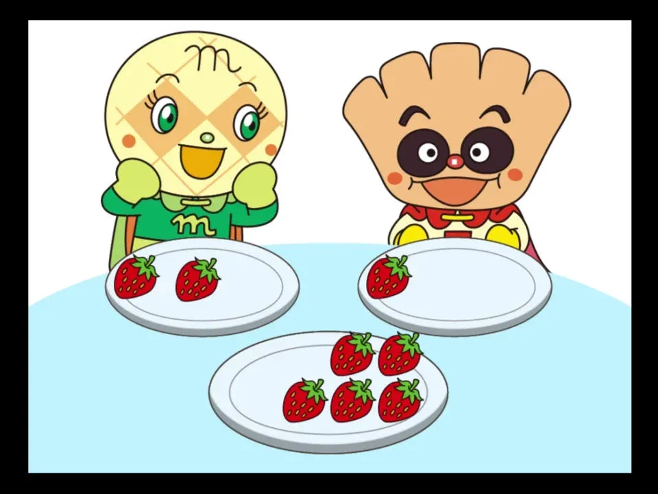 メロンパンナちゃんとカマンベールくんがおやつを分ける数遊びの画面