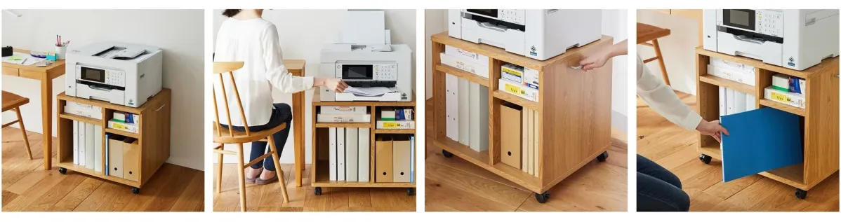 プリンターとオフィス用品を効率的に収納できるキャスター付きの木製ワゴン
