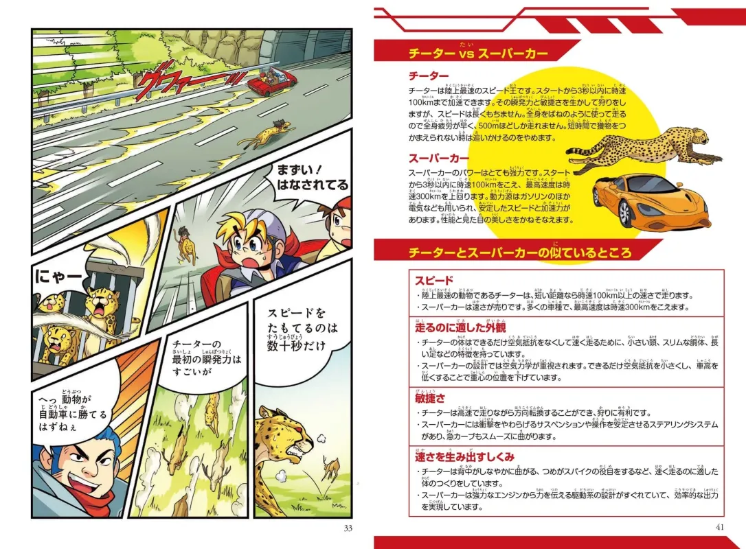 チーターとスーパーカーの速度、外観、敏捷性、速さを生み出す仕組みを比較する解説漫画