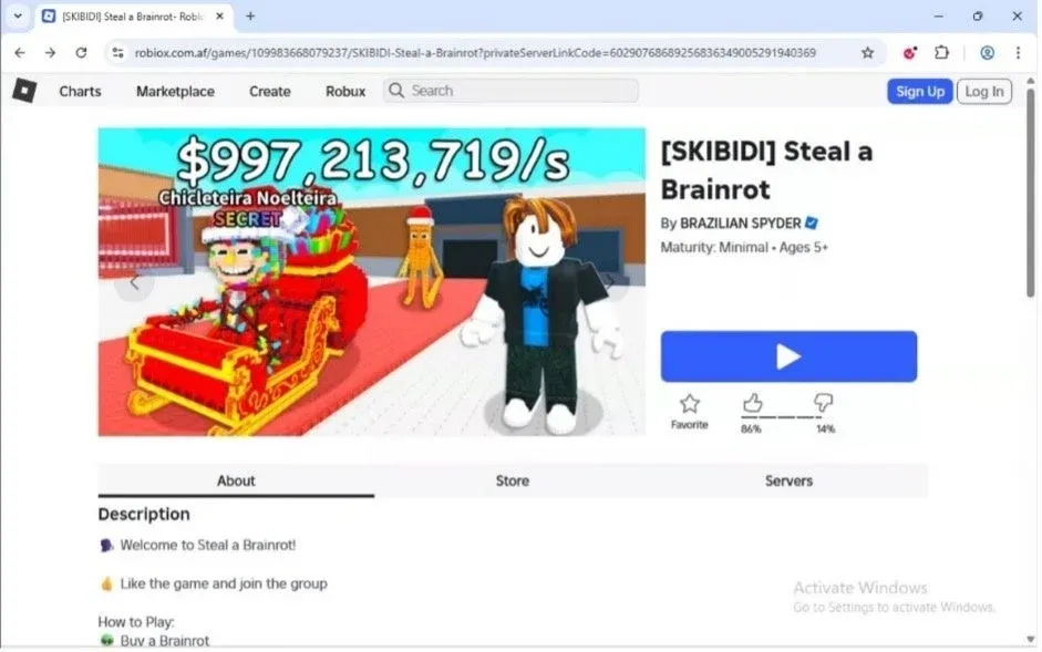 Robloxの偽ゲームサイトのスクリーンショット