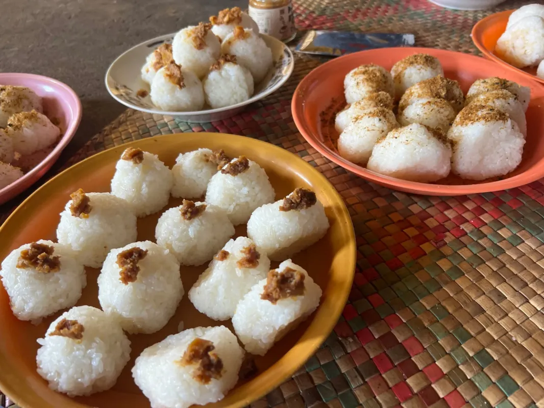 複数の皿に盛られた、小さな白いおにぎりの写真です。一部には茶色い具材がのっており、手作り感あふれる素朴な食卓の風景が広がっています。