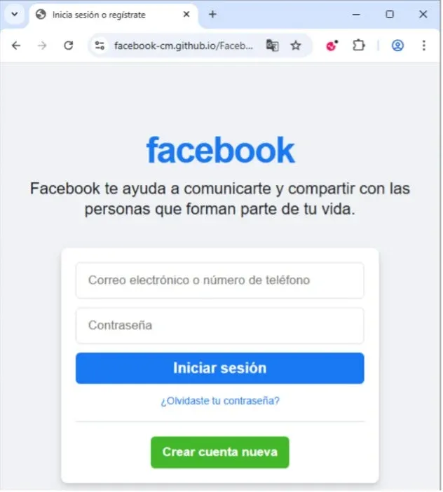 Facebookの偽ログインページのスクリーンショット