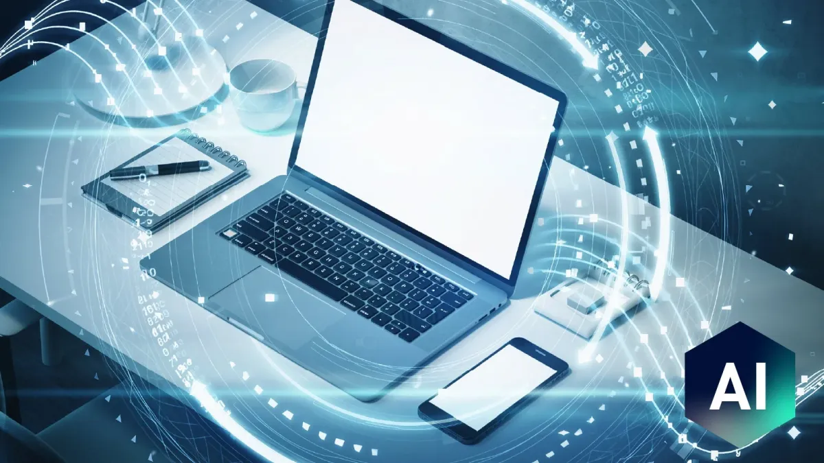 ノートパソコン、スマートフォン、メモ帳が置かれたデスクに、未来的なデジタル要素と「AI」ロゴ