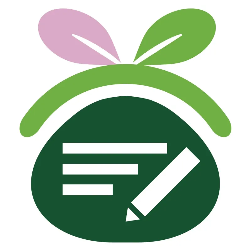 緑色の葉と鉛筆が描かれたロゴ