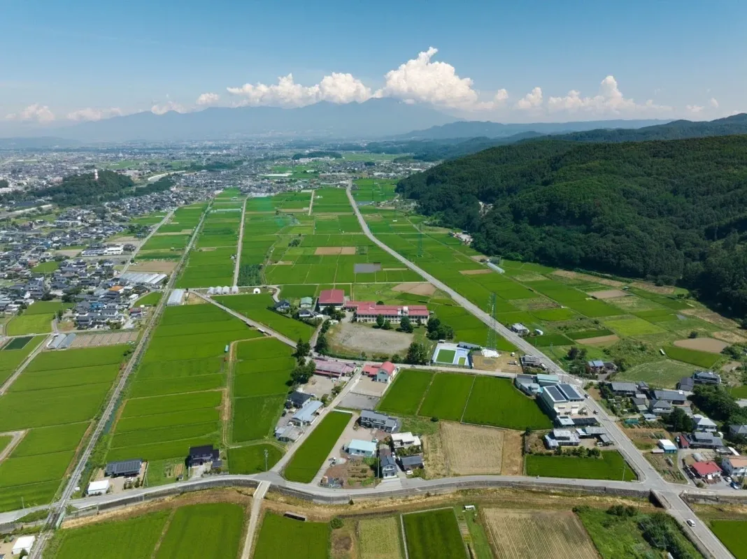 空撮された日本の田園風景の中に学校や住宅が点在する様子