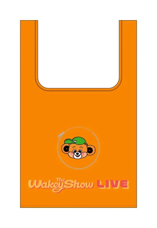 緑の帽子をかぶったクマのキャラクターと「The Wakey Show LIVE」の文字がデザインされたオレンジ色のエコバッグです