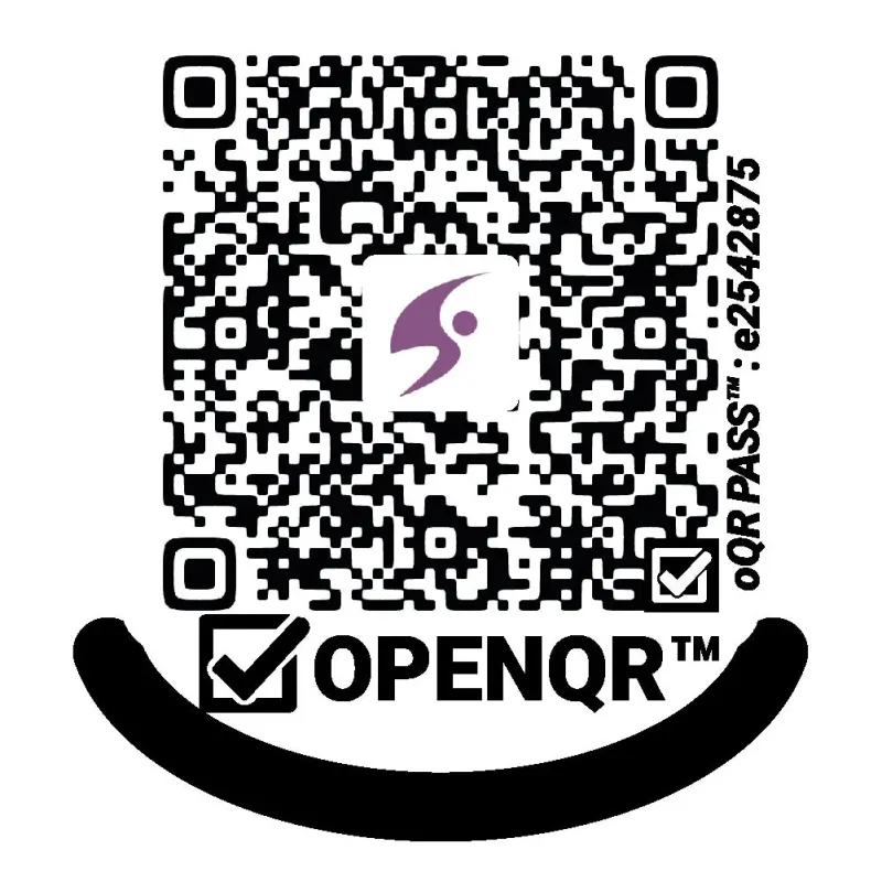 画像は中央に紫色のロゴが入ったQRコードで、右側に「oQR PASS™ : e2542875」、下部に「OPENQR™」のテキストが書かれています。デジタル情報へのアクセスや認証に関連する画像です。