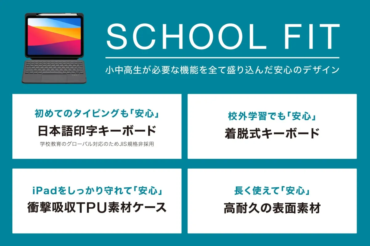 小中高生向けのiPad用キーボードケース「SCHOOL FIT」を紹介。初めてのタイピングにも安心な日本語キーボード、着脱式、衝撃吸収TPU素材、高耐久性など、学習に最適な機能と保護性能が特長です。