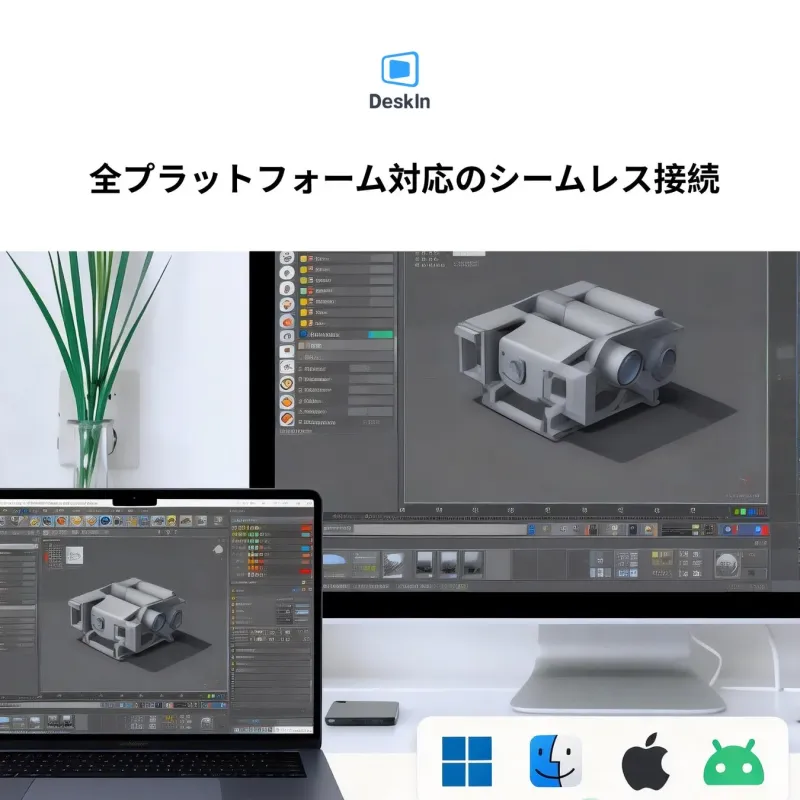 DeskInソフトウェアの広告画像で、全プラットフォーム対応のシームレスな接続をアピール。3Dモデリングソフトが動作するPCとノートPCが写り、Windows、macOS、Apple、Androidのロゴが表示されています。