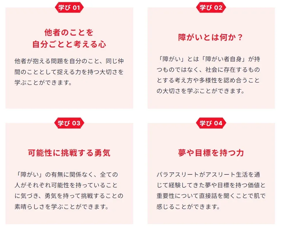 他者への共感、障がいへの理解、可能性への挑戦、夢や目標を持つことの重要性を学ぶための4つのテーマ