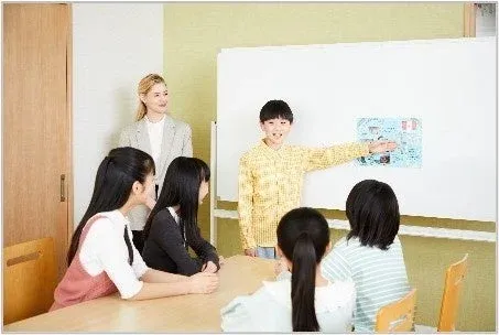 教室のような場所で、男の子がホワイトボードのポスターを指しながら他の子供たちにプレゼンテーションを行っており、女性の先生がそれを見守っている様子