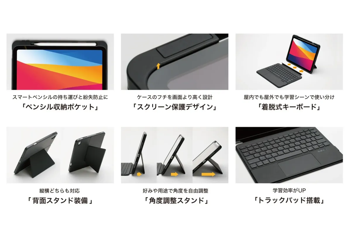 この画像は、タブレット用キーボード付きケースの多機能性を紹介しています。ペンシル収納、スクリーン保護、着脱式キーボード、縦横対応スタンド、角度調整機能、トラックパッド搭載など、学習や作業を効率化する特徴が説明されています。