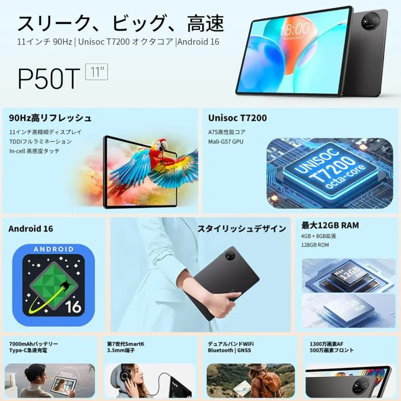 P50T 11インチ 90Hz Unisoc T7200 オクタコア Android 16