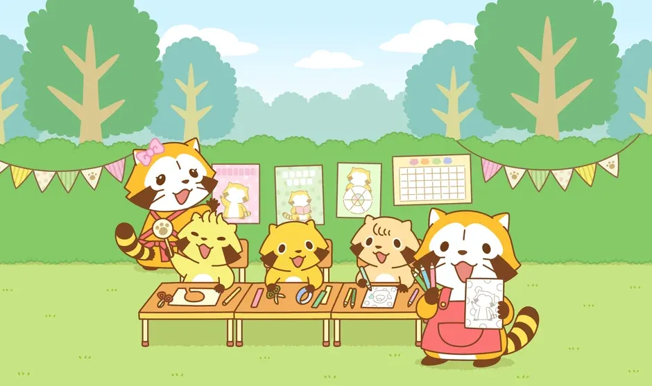 森の中でアートを楽しむラスカルのキャラクターたち