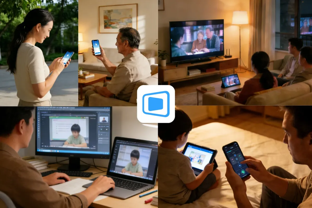 複数の世代の人々がスマートフォン、タブレット、テレビ、パソコンといった様々なデジタルデバイスを利用している様子を捉えた画像です。画面共有や遠隔操作、オンライン学習など、デバイス間の連携やデジタルを通じた多様な生活シーンが描かれています。