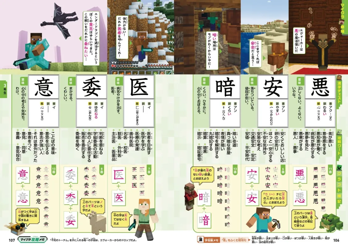 3年生の漢字「意」「委」「医」「暗」「安」「悪」の解説ページ