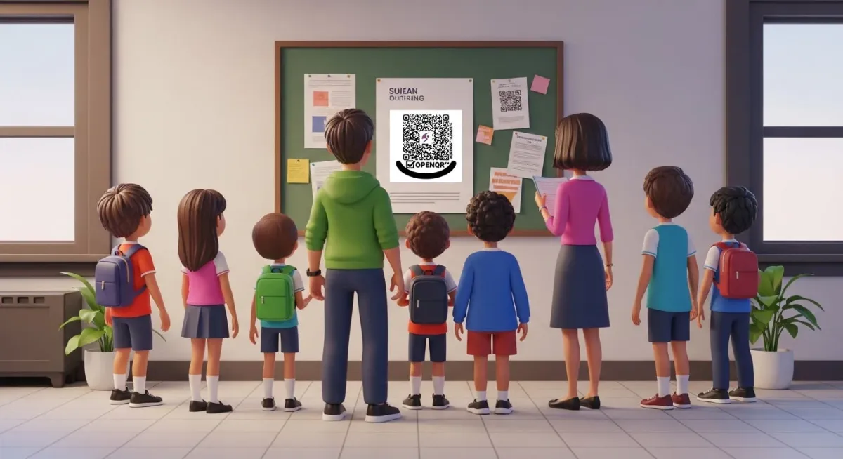 教室で、複数の生徒と先生が黒板に貼られたQRコードや文書を見ているイラストです。デジタル学習や学校のお知らせを示唆しています。