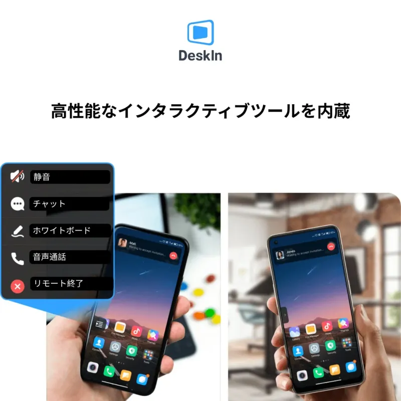 「DeskIn」という高性能なインタラクティブツールを紹介する画像です。チャット、ホワイトボード、音声通話などの機能がスマートフォン上で利用できることを示しています。