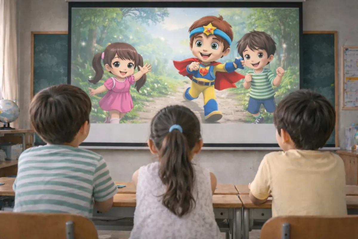 教室でアニメーションを鑑賞する子供たち